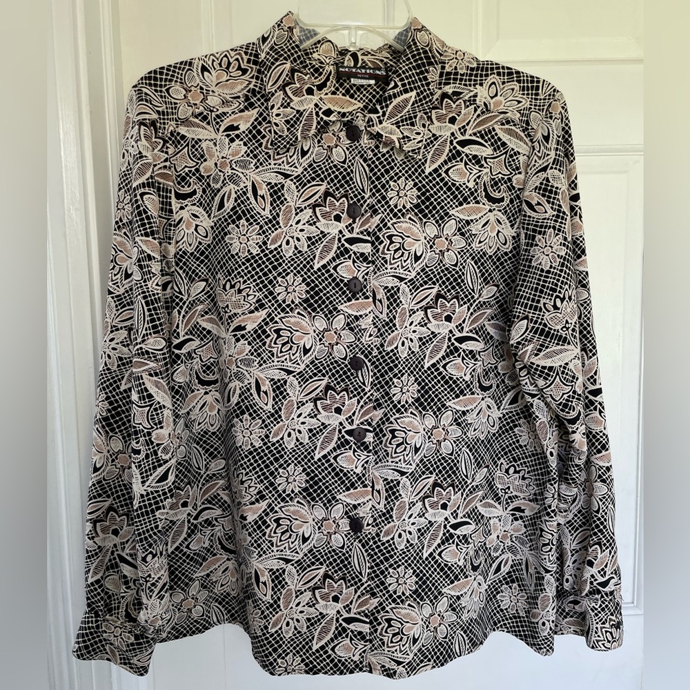 Notations floral blouse in black taupe beige and gold